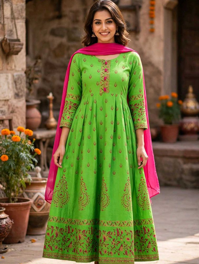 Vibrant Green Kurta Set with Pink Dupatta