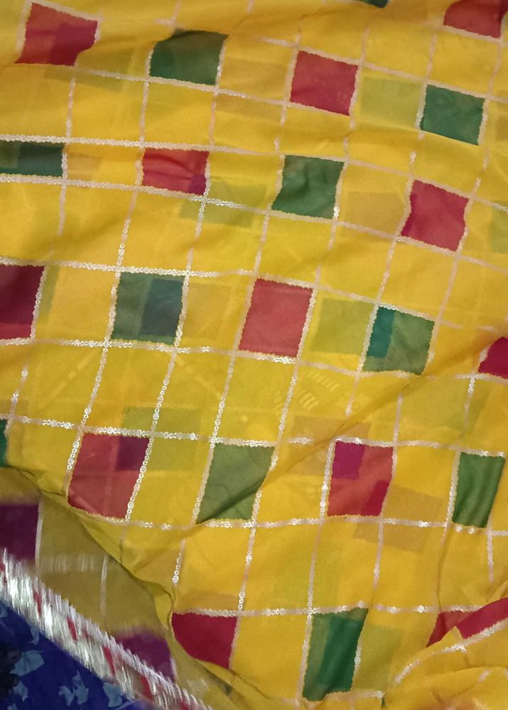 Vibrant Yellow Saree with Checkered Design