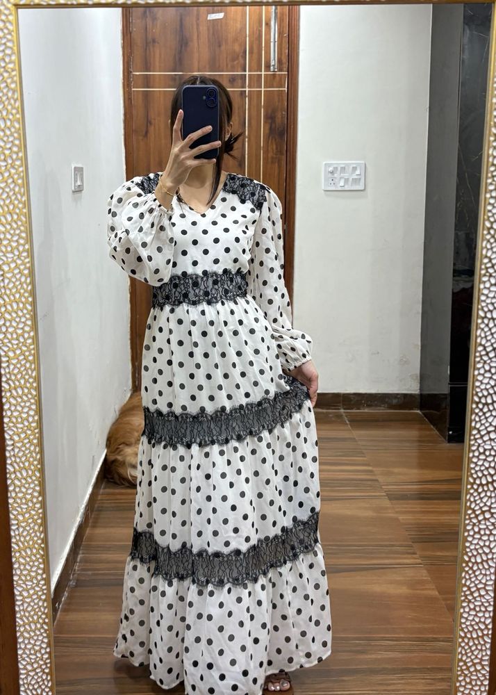 Kazo White Polka Dot Midi Dress