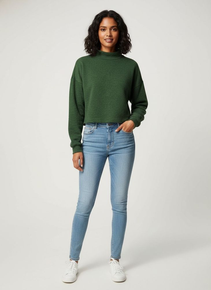 Green Mock Neck Cropped Sweatshirt