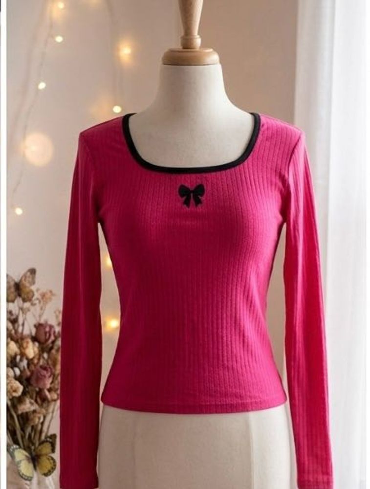 Cute Pink Ribbed Long Sleeve Top with Bow