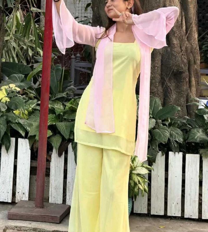 Elegant Yellow Kurta Set with Pink Dupatta