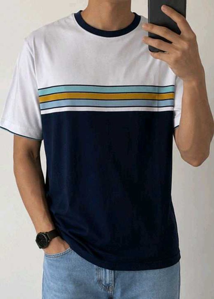 white and blue T-shirt