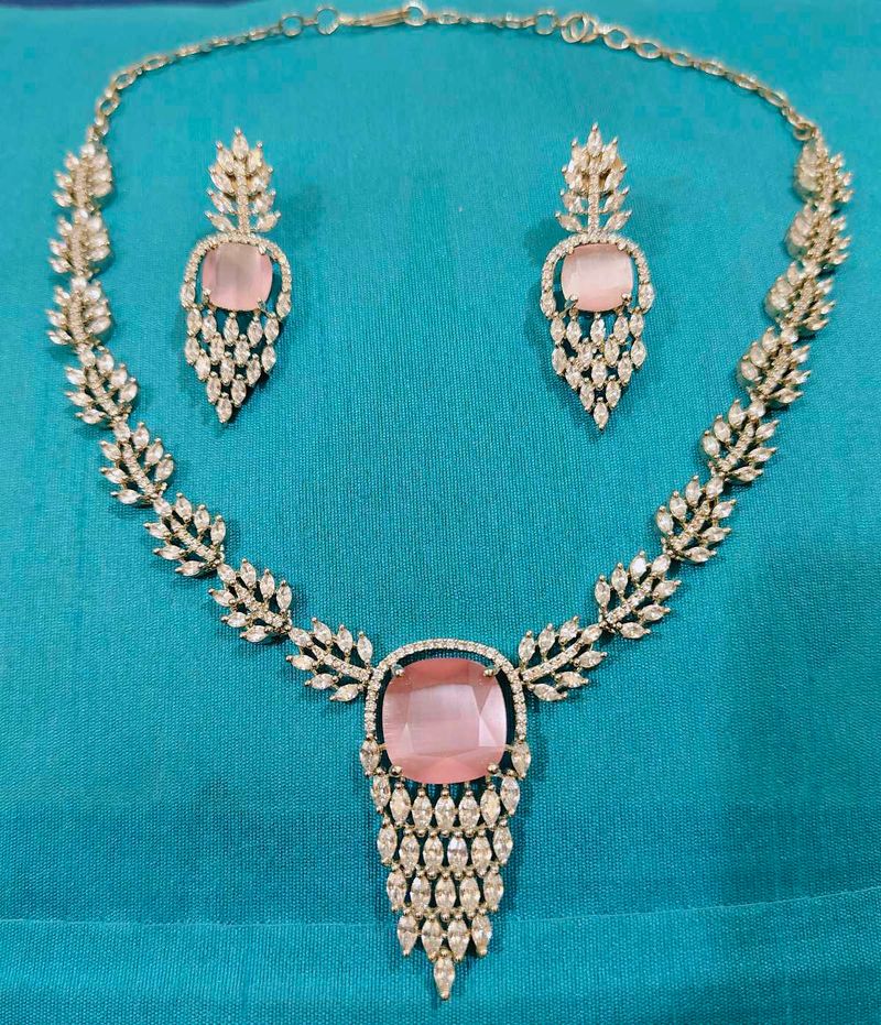 Elegant Pink Stone Necklace &amp; Earring Set