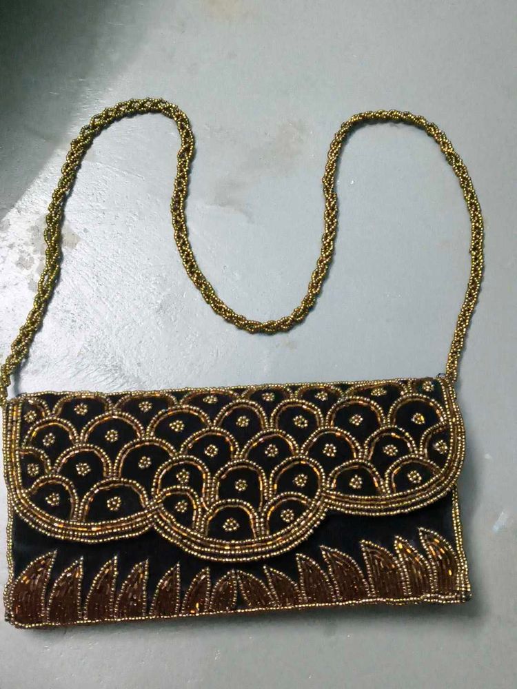 Beaded Black &amp; Gold Clutch Bag