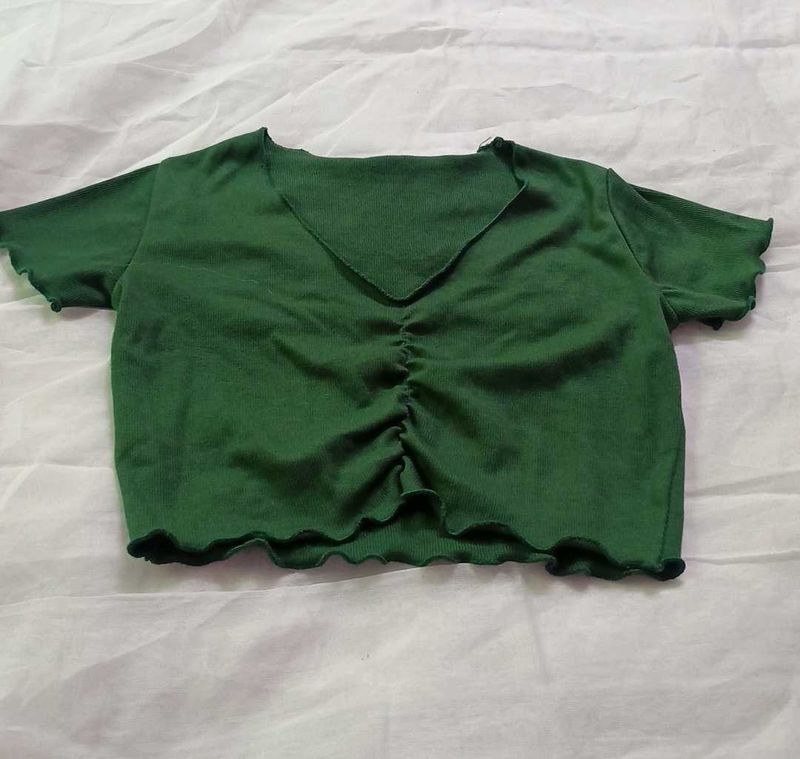 Ruching V-Neck Lettuce Hem Crop Top