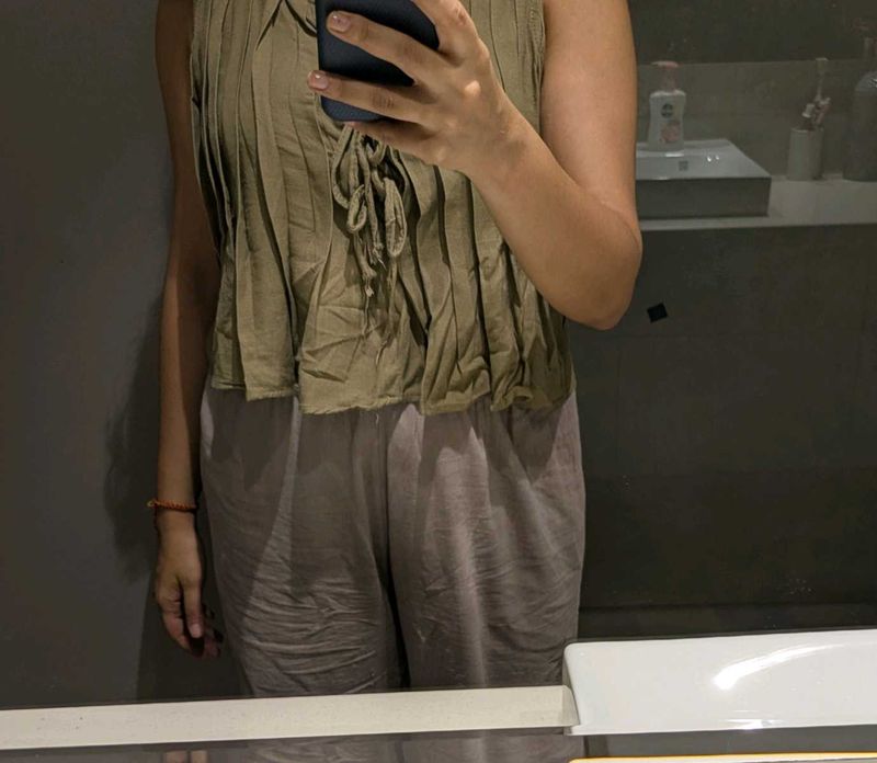 Khaki Pleated Tie-Front Sleeveless Top