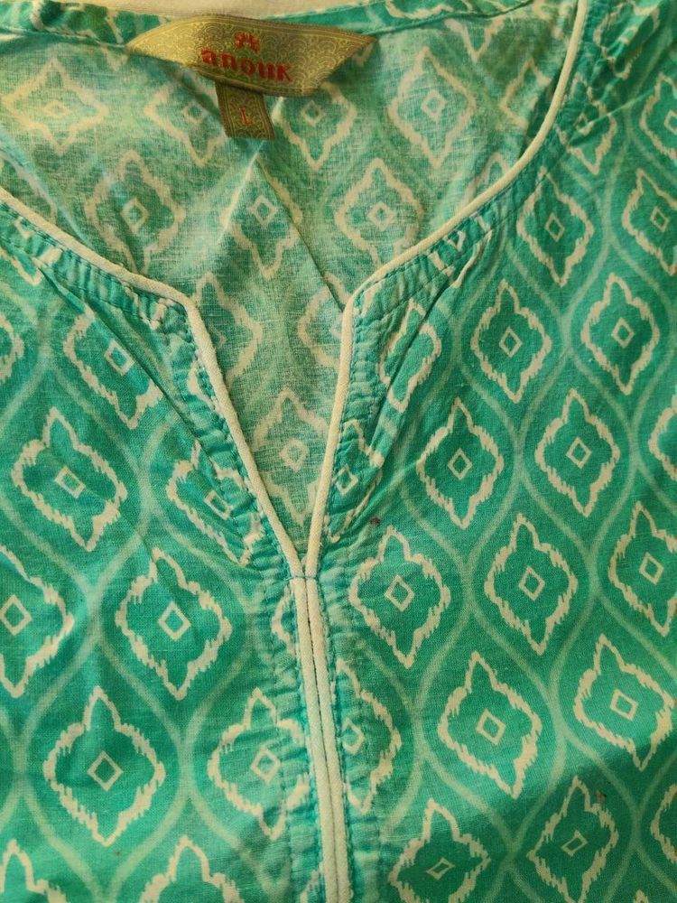 Teal &amp; White Geometric Print Kurta