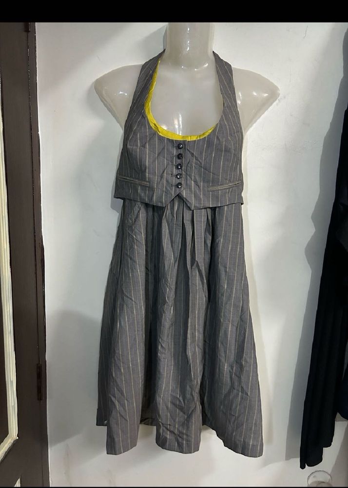 Pinstripe Halter Neck Dress with Vest Overlay