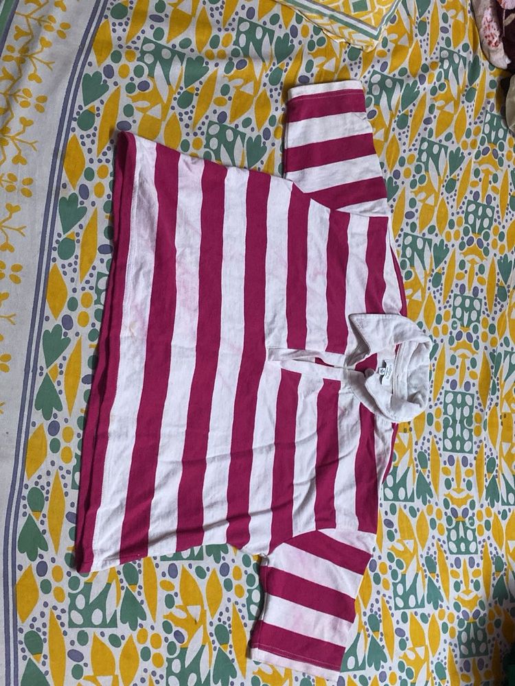 Pink &amp; White Striped Polo T-Shirt Baggy fit