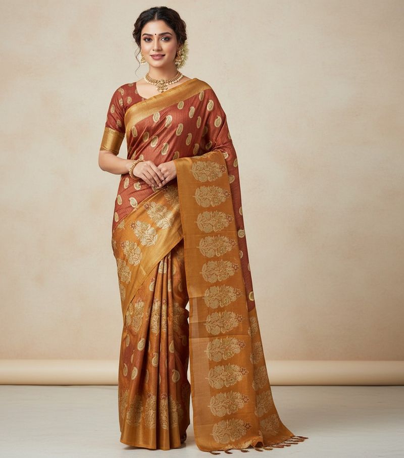 Brown Semi Raw Silk Saree 5.6m