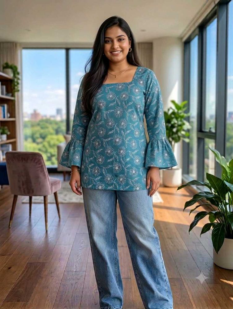 Teal Floral Print Kurta