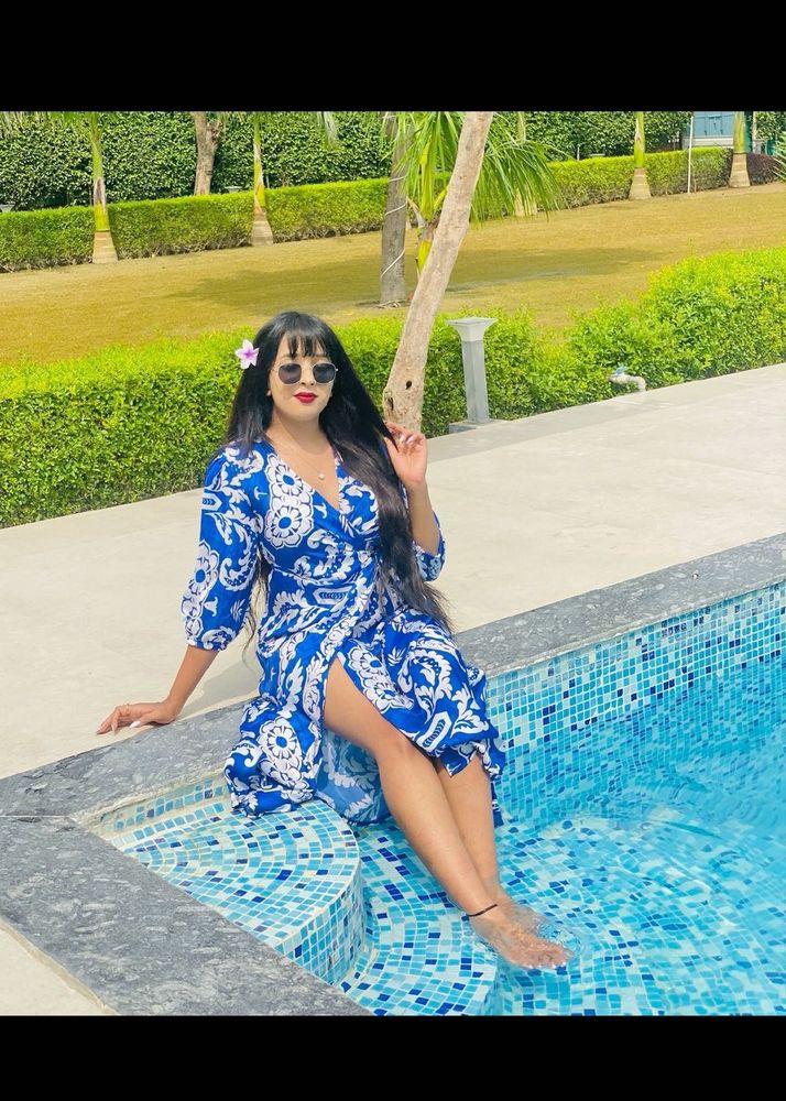 Blue &amp; White Print Wrap Dress