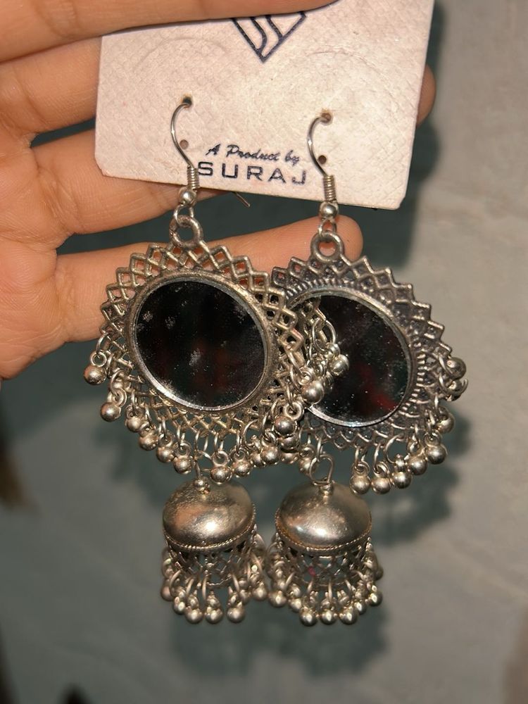 Oxidized Mirror Jhumka Earrings