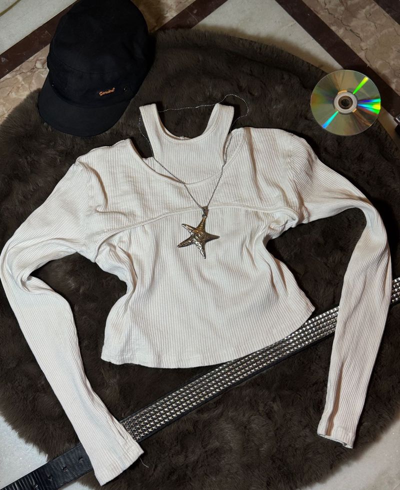Cream Ribbed Cut-out Long Sleeve Top