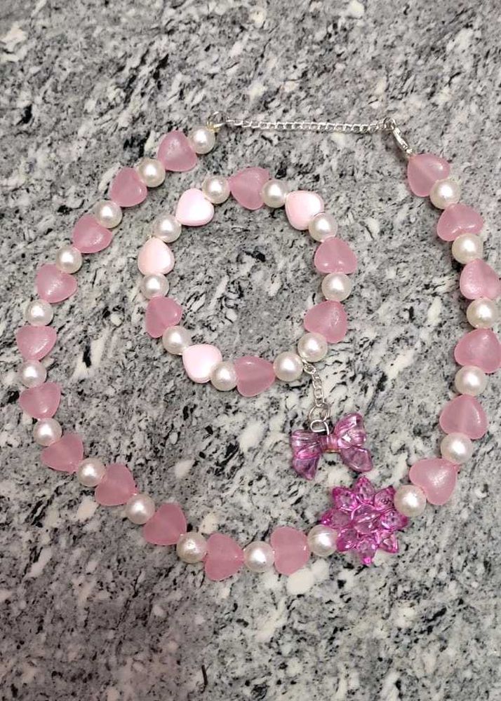 Pink Heart Charm Necklace &amp; Bracelet Set