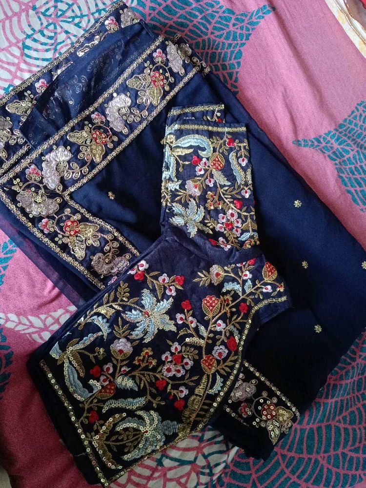 Elegant Navy Blue Embroidered Saree