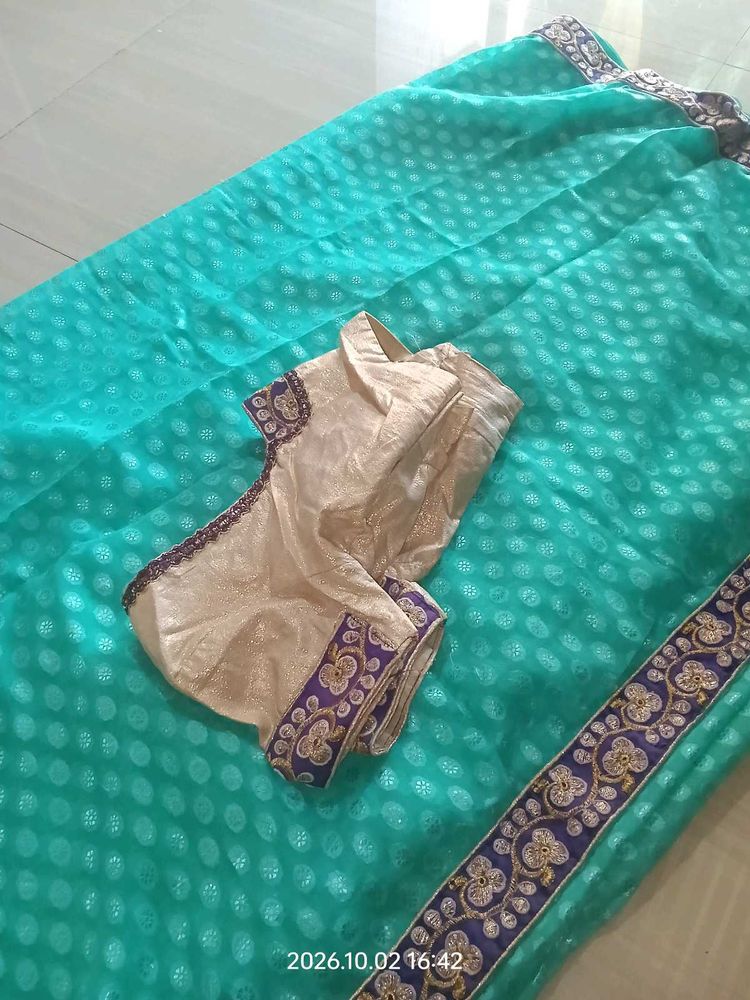 Beautiful Teal Saree with Embroidered Blouse