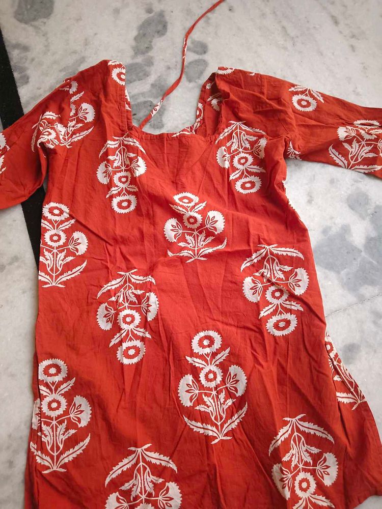 Vibrant Red Block Print Kurta