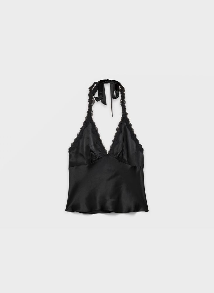 Newme Black Satin Lace Halter Top