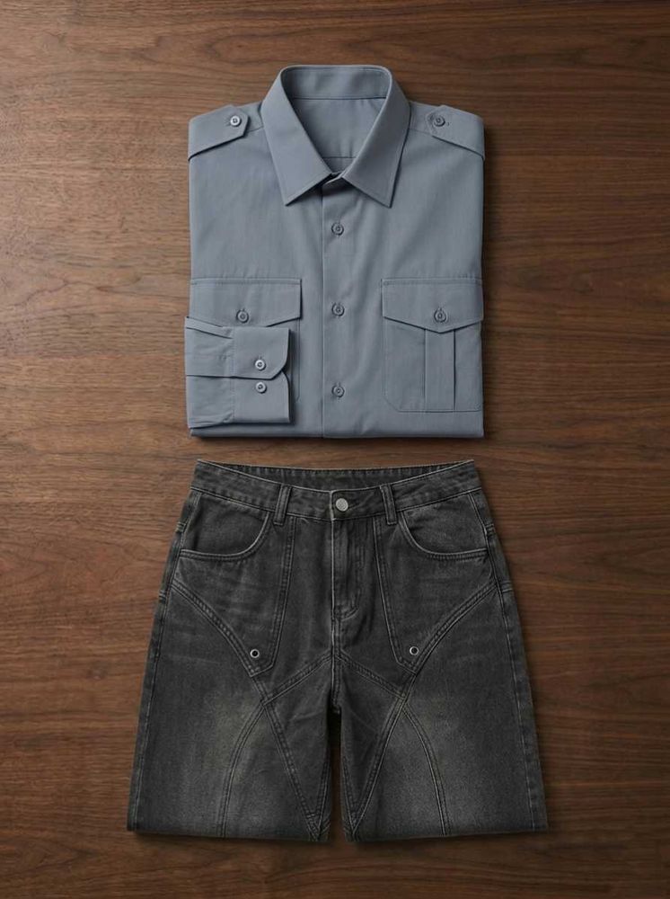 Men's Gray Cargo Shirt and Black Jeans