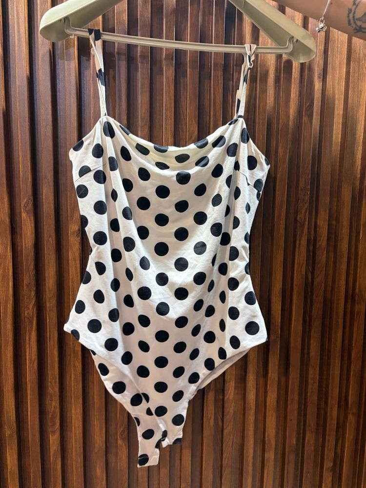 Retro-Style Polka Dot Bodysuit with Adjustable Str