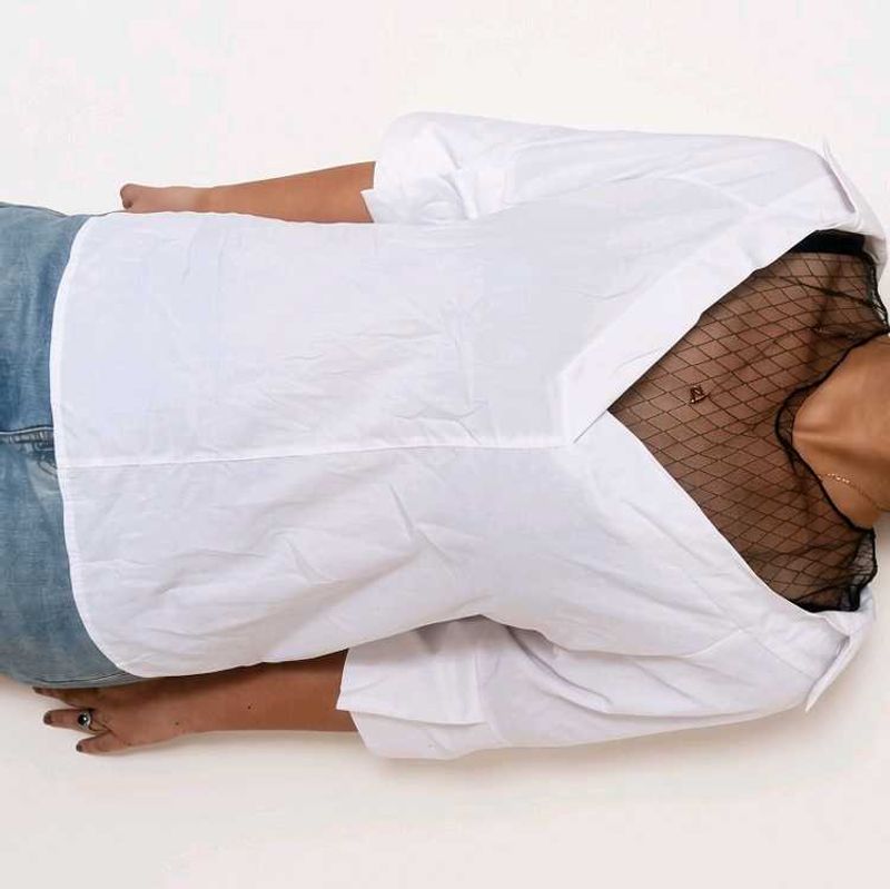 Chic White Shirt with Black Mesh Detail