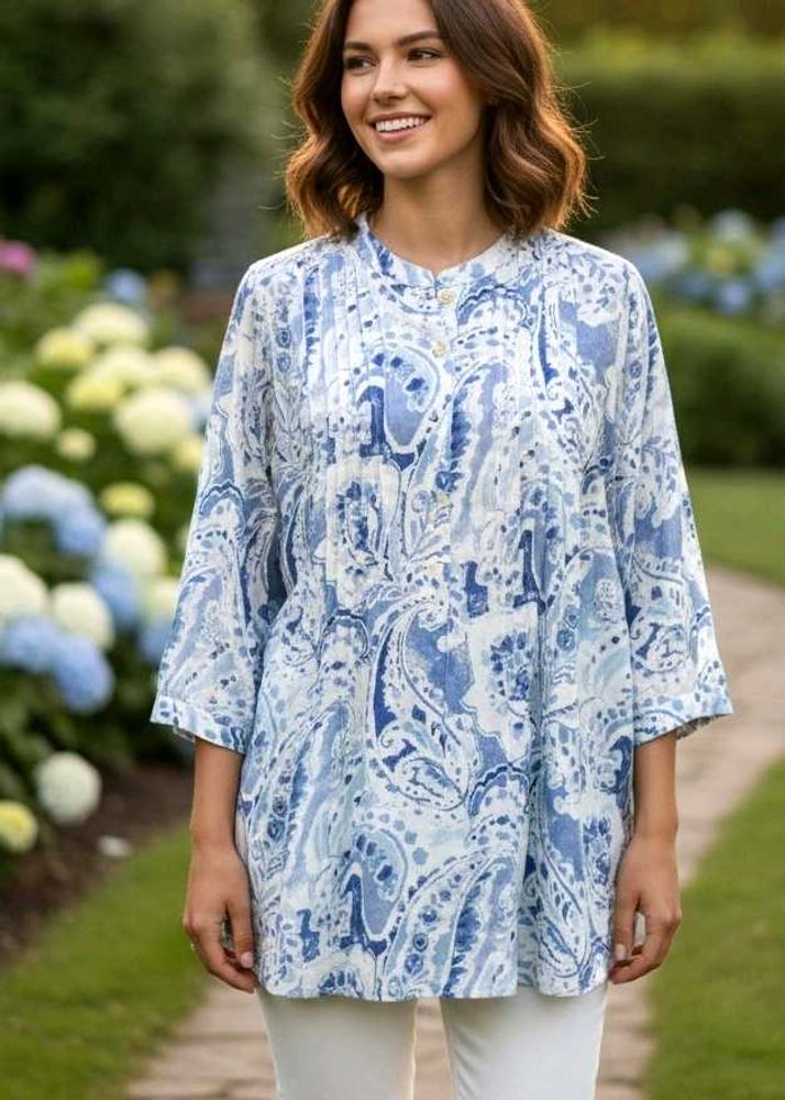 Blue And White Paisley Print Top, New Without Tag