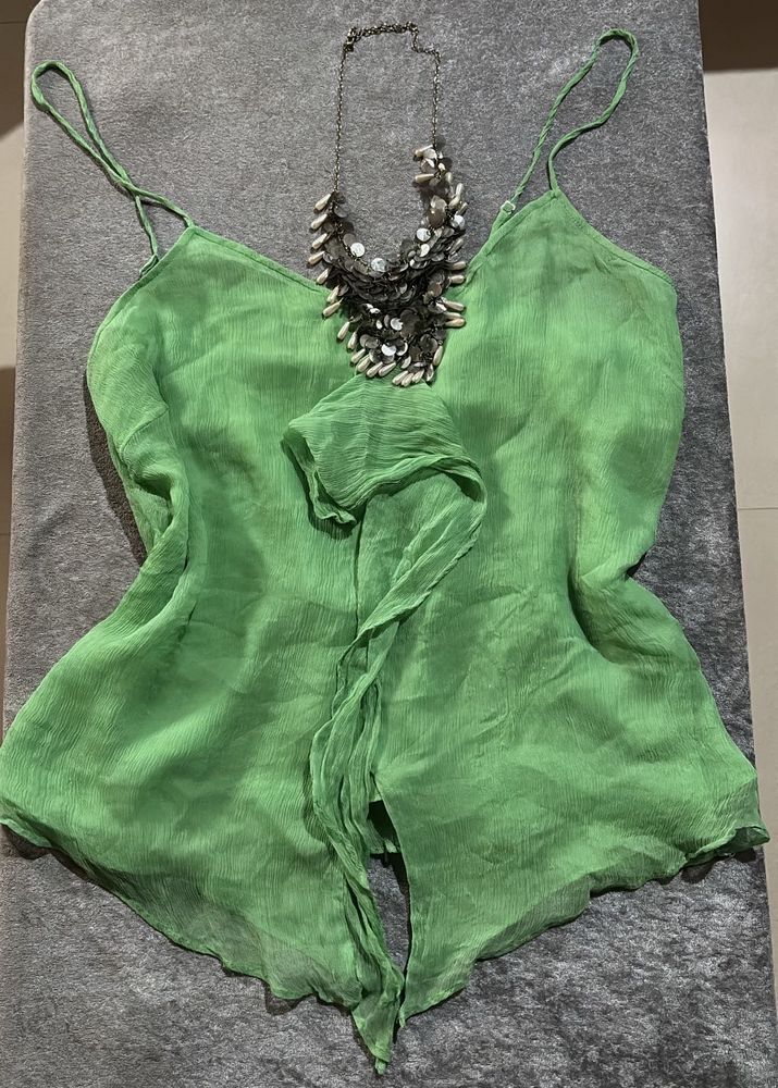 Green Cami Top with Embellished Necklace