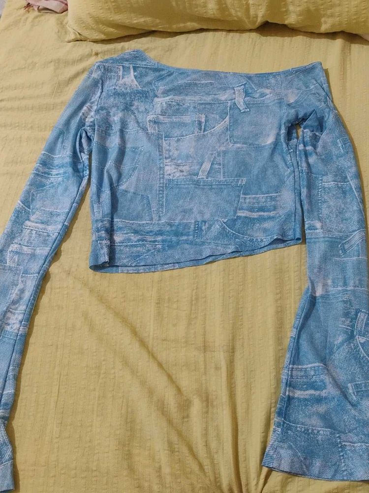 Blue Wash Denim Print Cropped Top