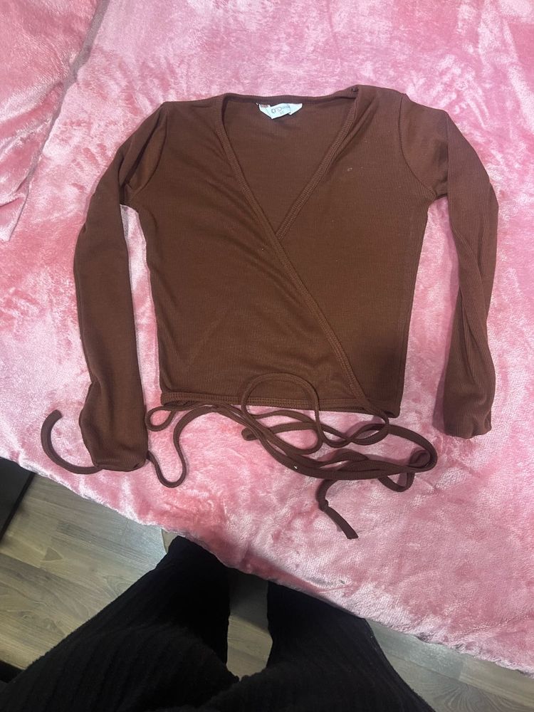 Brown Wrap Long Sleeve Top