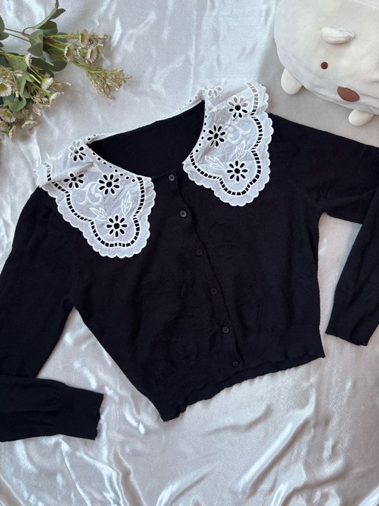 Black Cardigan with White Embroidered Collar