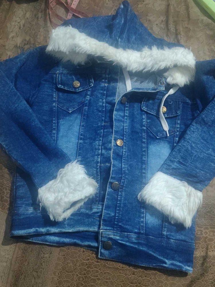 Blue Denim Jacket with Fur Trim