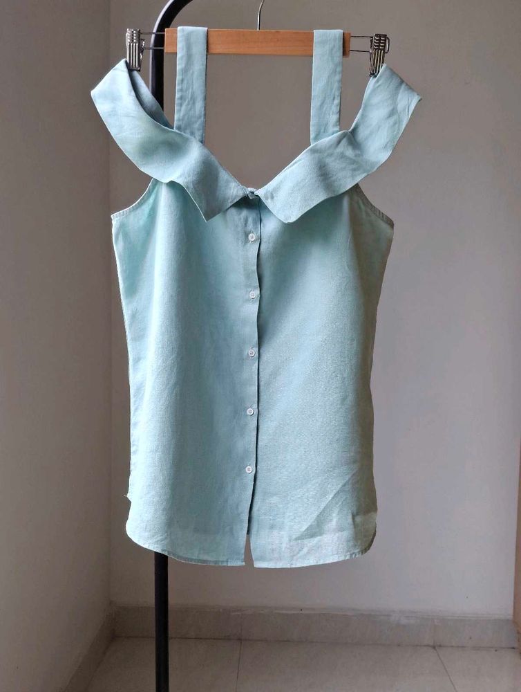 MANGO Blue Ruffle Collar Tank