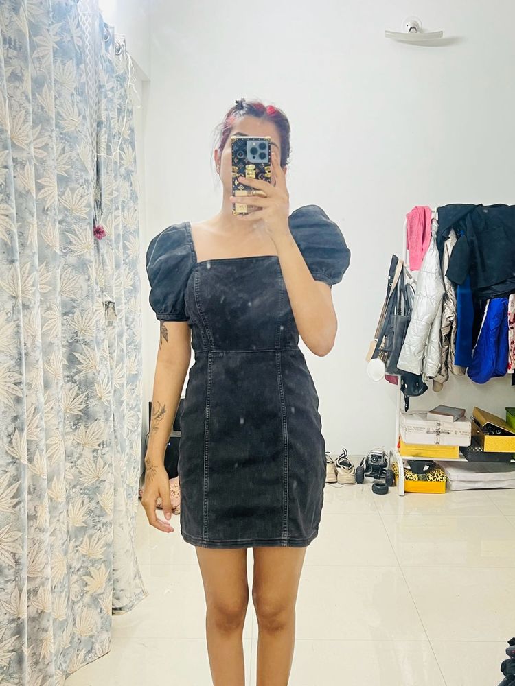 Trendy Puff Sleeve Denim Mini Dress