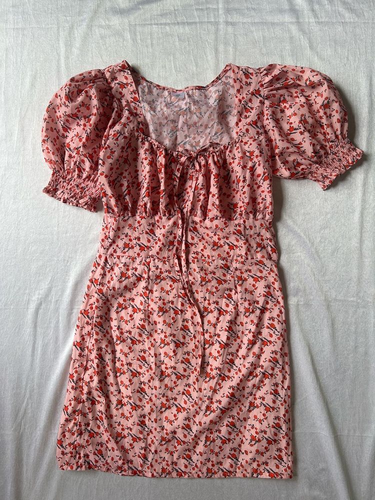 Pink Floral Puff Sleeve Square Neck Dress