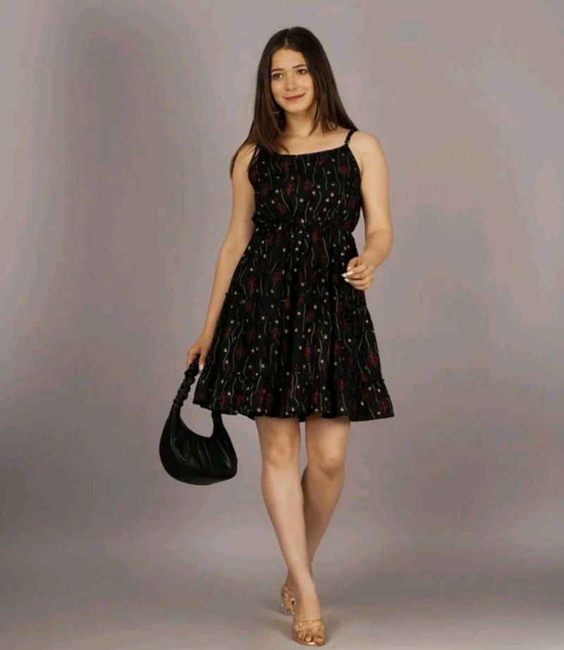 New Black Floral Print Mini Dress