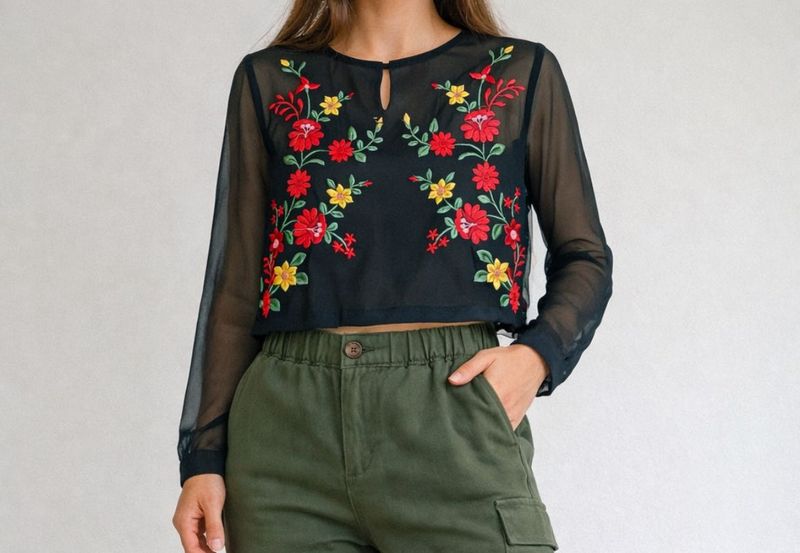 Sheer Embroidered Floral Crop Top