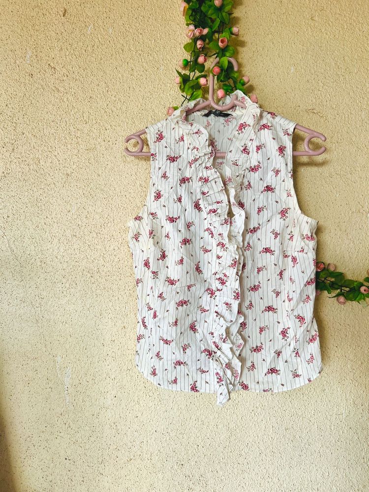 Chic Floral Ruffle Sleeveless Top