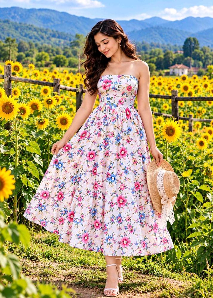 Boho Floral Strapless Maxi Dress