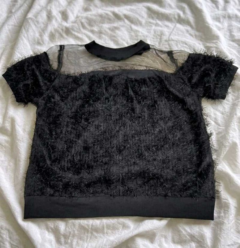 Black Faux Fur Sheer Top