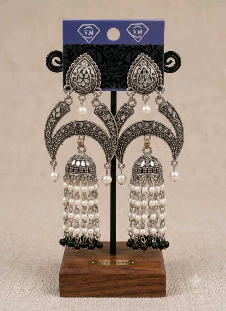 Oxidized Silver Jhumka Earrings with Pearls