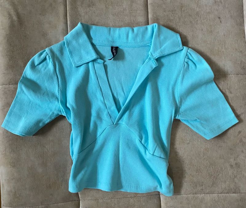 Blue Collared Cropped korean Top