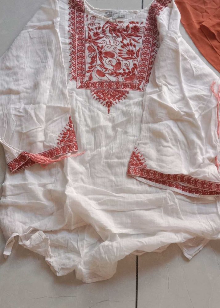 White Kurta with Red Embroidery and orange kurti