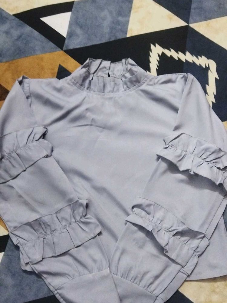 Elegant Grey Ruffled Blouse