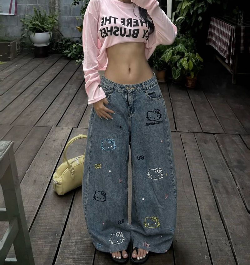 Y2K Hello Kitty Customised Wide Leg Jeans 🐱