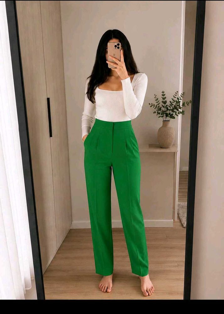 New High Waisted Green straight fit Leg Trousers