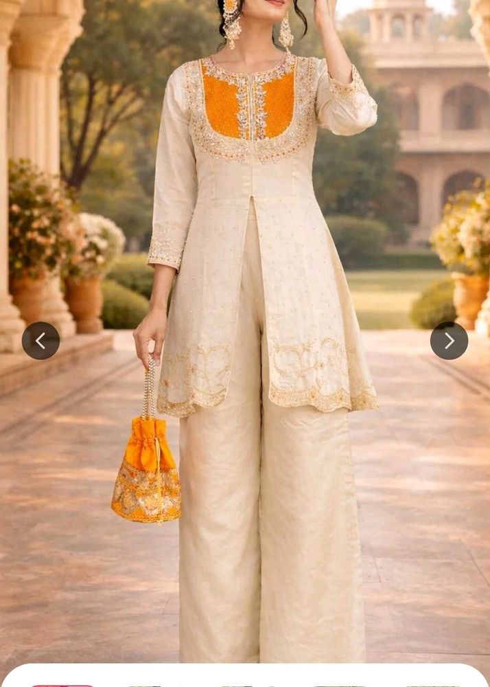New Elegant Cream Kurta Set with Orange Accents