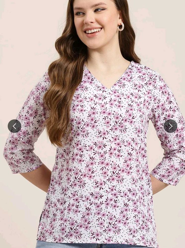 V neck floral print white short kurti