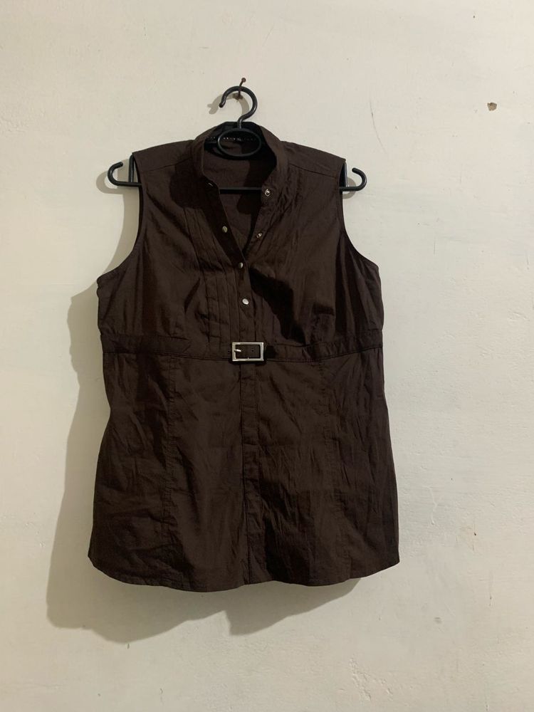 Women's Sleeveless Brown Top with Belt